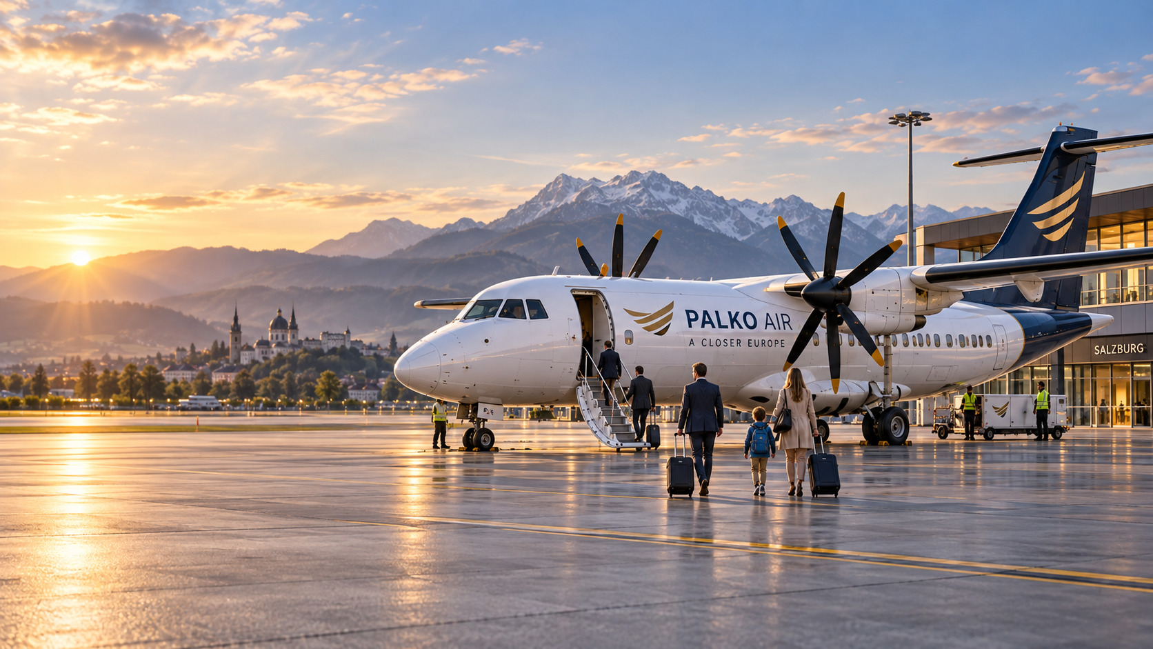 Palko Air turboprop aircraft at a regional European airport during golden hour